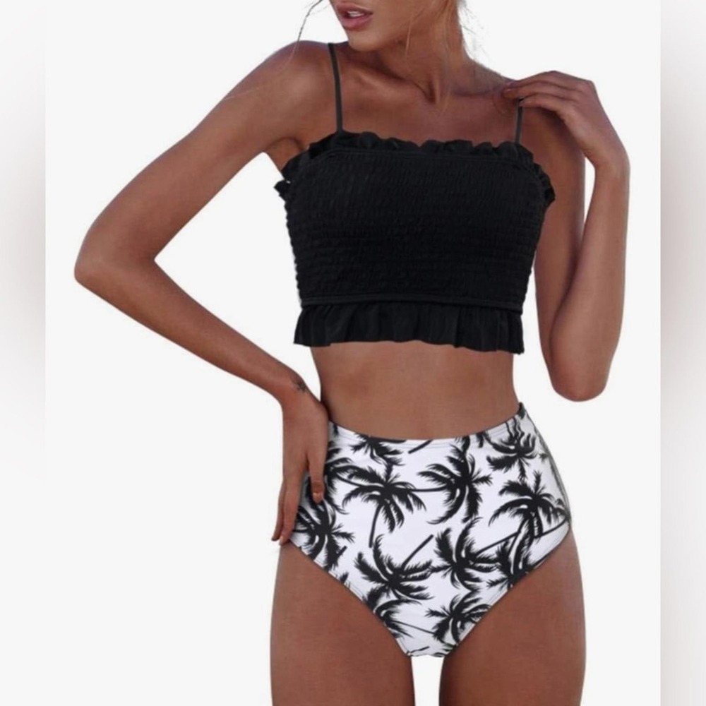 NWT Sporlike Size M Black Bandeau Top W Palm Tree Print Bottom Bikini - Picture 2 of 10
